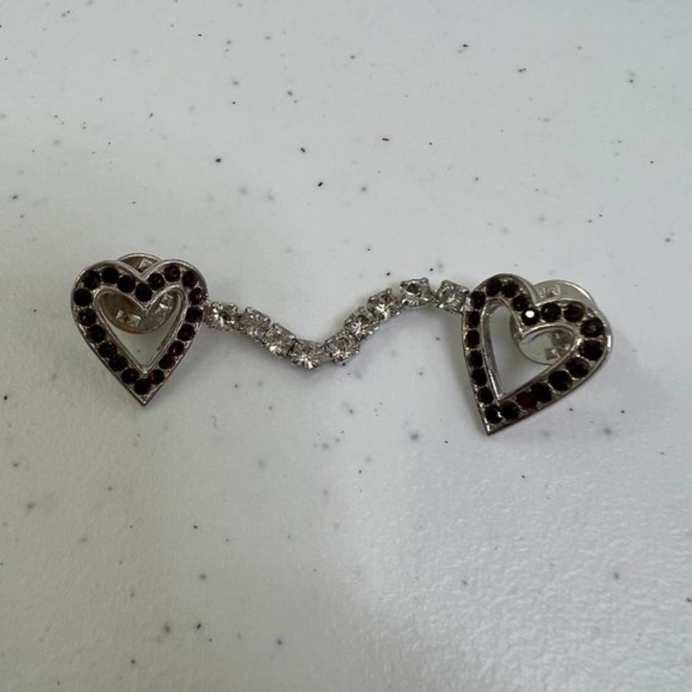 Vintage Double Heart‎ Linked Brooch Pin Rhinestone Clear Red Valentines Chain